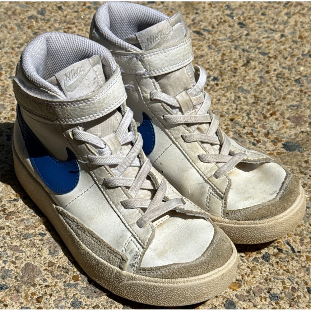 Nike Blazer Mid 77 Kids 1.5 White Blue Leather High Top Sneakers Hook Loop Strap